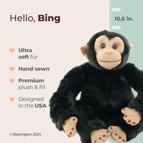 Miniatura 2 de Bearington Bing The Stuffed Monkey Plush – Juguete de peluche de chimpancé de 10.5 pulgadas con piel suave y características realistas, adorable