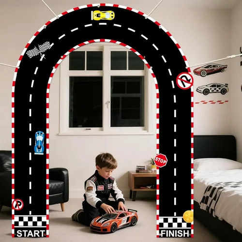 Miniatura 5 de 3 piezas de decoración de cumpleaños de coche de carreras, cartel arqueado de tela para porche, telón de fondo de arco de coche de carreras