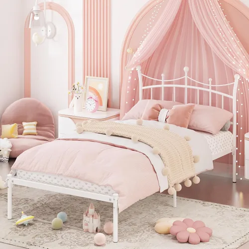 Miniatura 8 de Merronix Marcos de cama individuales para niños, cama de tamaño individual con cabecero en forma de corona, fácil montaje, no necesita somier