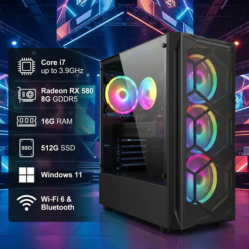 Miniatura 2 de STGAubron Computadora de escritorio para videojuegos, Intel Core i7 hasta 3.9 GHz, Radeon RX 580 8G, 16G RAM, 512G SSD, WiFi 6, BT 5.0, ventilador