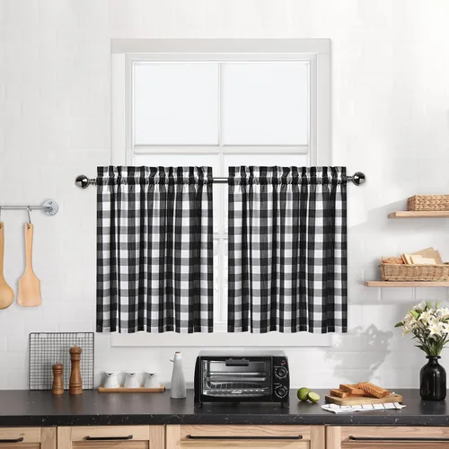 Miniatura 11 de Cortinas de Cocina Estilo Granja de Cuadros Vichy Blanco y Negro de 24 Pulgadas de Largo, Cortinas de Café de Media Ventana de Cuadros Buffalo