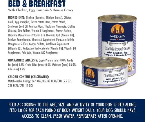 Miniatura 4 de Comida para Perros Weruva Classic, Bed & Breakfast con Pollo, Huevo, Calabaza y Jamón en Salsa, lata de 14 onzas (Pack de 12)