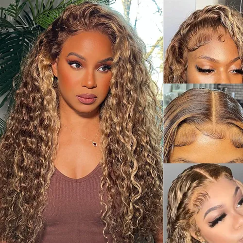 Miniatura 18 de Ladoux Pelucas de cabello humano lacio con reflejos degradados de 13 x 6 pulgadas, encaje frontal transparente HD, 14 pulgadas, densidad del 180%