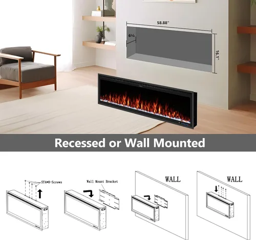 Miniatura 3 de Calentador eléctrico inteligente de 60 pulgadas de ancho, chimenea de imitación empotrada y montada en la pared con control remoto y aplicación, 13
