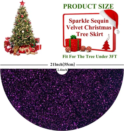 Miniatura 3 de Faldas de árbol moradas de Navidad de 21 pulgadas, faldas de árbol de lentejuelas con purpurina, decoración de tela de terciopelo, falda de árbol