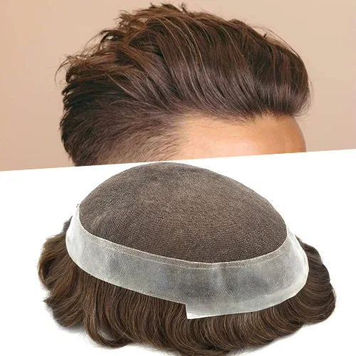 Miniatura 15 de Tupé para hombre, pieza de cabello humano real, encaje francés con piel de poliéster alrededor del sistema de cabello, 8 x 10 pulgadas, unidad
