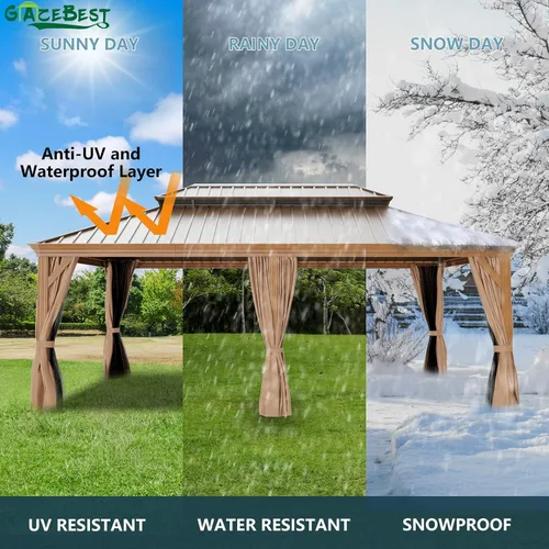 Miniatura 4 de Gazebo de techo rígido de 12 x 20 pies, kiosco de aluminio para exteriores, doble techo, acero galvanizado, acabado de madera, toldo recubierto