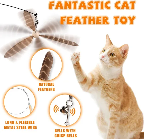 Miniatura 3 de JXFUKAL Juguetes de varita para gatos, juguetes interactivos para gatos con 3 recargas de plumas, alambre de acero flexible de 29'', mango de madera