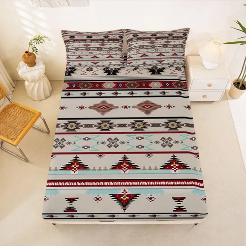 Miniatura 53 de Juego de ropa de cama occidental tamaño individual, sábanas aztecas, estilo nórdico exótico, bohemio, sábana bajera ajustable de tribu india