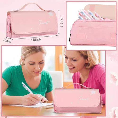 Miniatura 5 de Crtiin Juego de 74 piezas de papelería Kawaii con diseño de flor de cerezo, bolsa de lápices japonesa Kawaii, lápiz mecánico, borradores de cereza