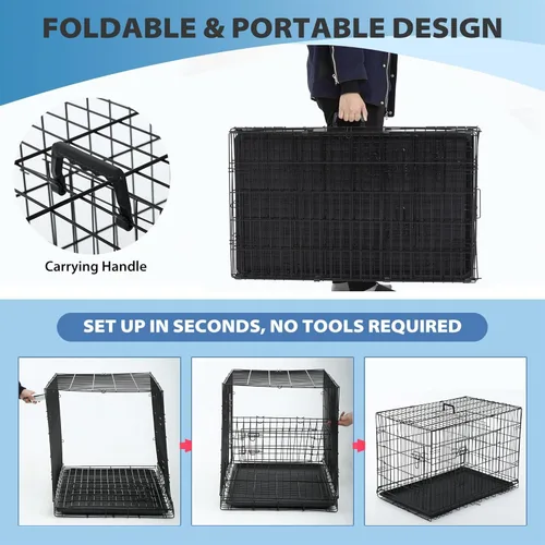 Miniatura 5 de BestPet Jaula para perros de 42 pulgadas Negro Perrera de metal plegable con puertas individuales, pestillos seguros de perno deslizante, 2-Negro