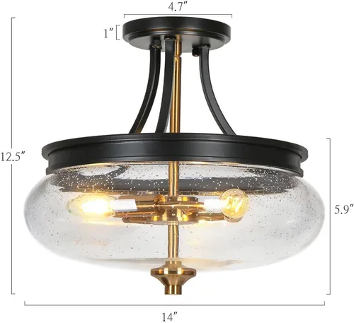 Miniatura 2 de classy leaves Lámpara de techo semiempotrada, color negro y dorado, lámpara de techo de 3 luces moderna de granja con vidrio sembrado para cocina