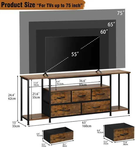 Miniatura 2 de Soporte de TV para televisores de hasta 75 pulgadas, mesa consola industrial de TV con 5 cajones de tela y 3 estantes abiertos, centro