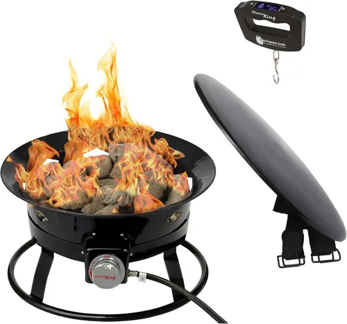 Flame King Cuenco portátil para fogata de propano sin humo, 19 pulgadas, 58 K BTU con escala de agarre de propano, autoencendedor, cubierta y