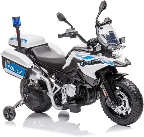 Motocicleta de policía de 12 V, 7 Ah, con licencia BMW con 2 velocidades, faros LED, suspensión de resorte, MP3, música y 2 ruedas de entrenamiento,