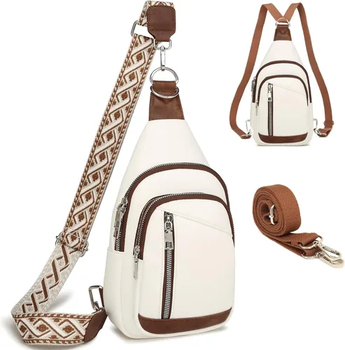Miniatura 26 de Bolso Bandolera Mochila Cruzada - 2 en 1 Bolso Cruzado de Cuero Riñonera con 2 Correas Extraíbles Mini diaper bag Café