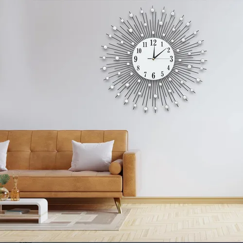Reloj de pared moderno con forma de flor de cristal 3D, 23.62 pulgadas, espejo plateado de metal vintage, brillante, con tachuelas de diamantes,