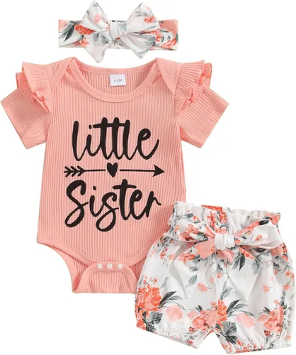 Traje de tía para bebé recién nacida, camiseta de manga corta acanalada, pantalones cortos florales con diadema