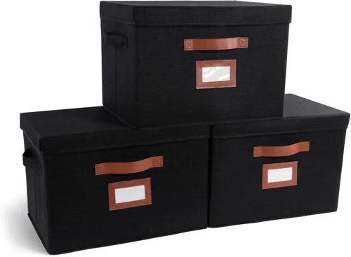 Paquete de 3 cajas de almacenamiento grandes de tela con tapas (15.75 x 11.25 x 11.25 pulgadas), contenedor decorativo con tapa, soporte para
