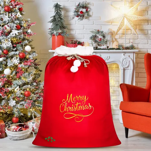 Miniatura 6 de Xuniea Bolsas Extra Grandes de Navidad de 35 x 28 Pulgadas, Saco Gigante de Papá Noel de Terciopelo Rojo con Cordón, Bolsas de Regalo Navideñas