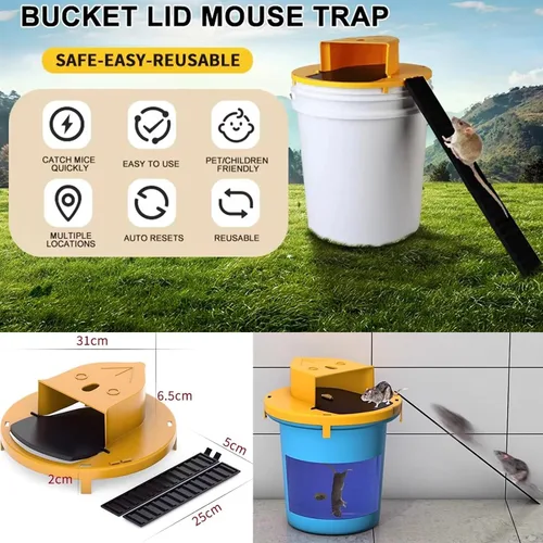 Miniatura 3 de Trampa para ratones, tapa abatible para cubeta de 5 galones, para uso humano en interiores y exteriores, desmontable y resistente (amarillo)