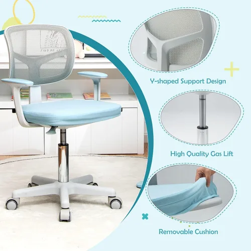 Miniatura 8 de HONEY JOY Silla de escritorio para niños, silla de estudio para niños de altura ajustable, silla giratoria de malla para estudiantes, ruedas Azul