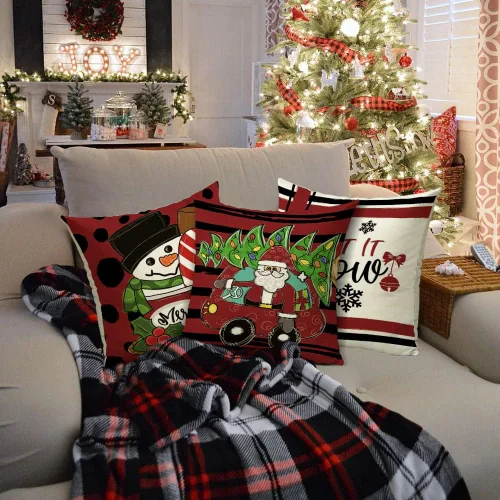 Miniatura 4 de Juego de 4 fundas de almohada navideñas de 18 x 18 pulgadas, Papá Noel, muñeco de nieve, tira de bienvenida de invierno, almohadas de Navidad