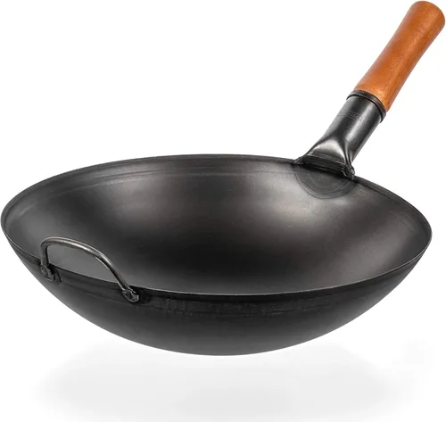 Miniatura 4 de YOSUKATA Wok Pan de acero al carbono negro de 14 pulgadas (fondo redondo) con tapa de 13.6 pulgadas, cubierta inoxidable de alta calidad +