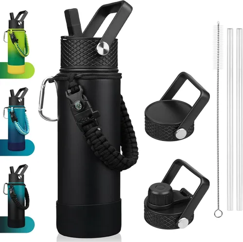 Miniatura 52 de BJPKPK - Botella de agua con tapa de popote, botellas de agua aisladas de 18 onzas con 3 tapas, asa de cuerda de paracaídas y base antideslizante