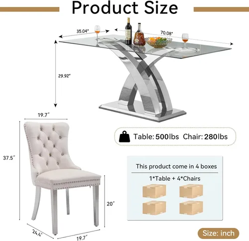 Miniatura 3 de Juego de mesa de comedor de cristal plateado moderno de 70 pulgadas para 4, juego de mesa de comedor rectangular de 5 piezas con patas de acero