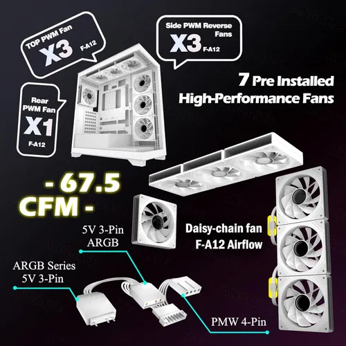 Miniatura 10 de ATX - Carcasa para PC con 7 ventiladores PWM ARGB preinstalados, carcasa de computadora de torre media con vidrio templado dual de visión completa