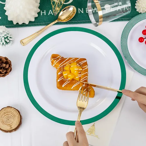 Miniatura 7 de Ciaell 175 platos de plástico de Navidad, los juegos de platos de plástico blanco y verde incluyen 25 platos de cena, 25 platos de postre, 25