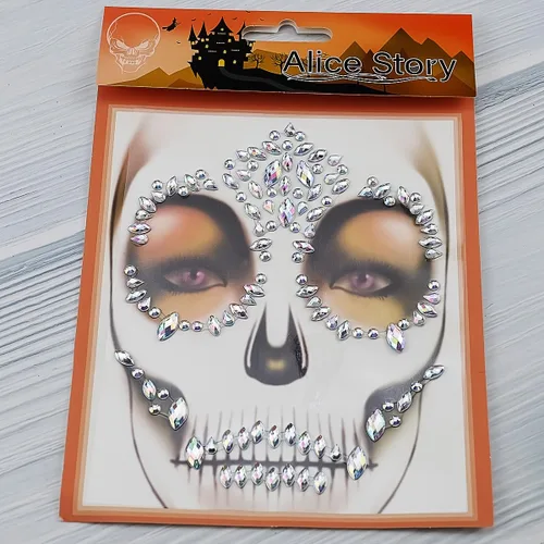 Miniatura 6 de Kit de tatuaje temporal del Día de los Muertos, gemas de cara de calavera, tatuajes, diamantes de imitación para hombres, mujeres, niños, Halloween