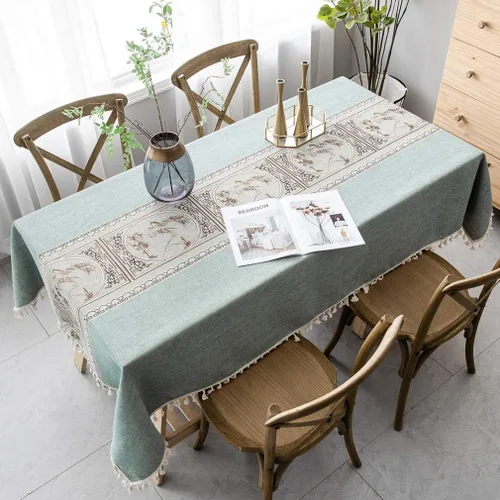 Miniatura 11 de Pahajim Mantel de lino rústico rectangular con borlas a rayas de algodón para mesa de cocina y comedor, cuadrada, 55 x 55 pulgadas, 4 asientos Azul
