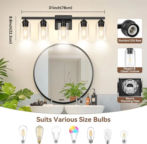 Miniatura 8 de Lámparas de baño de 5 luces negras mate, lámpara de tocador moderna de 31 pulgadas para baño, luces de tocador de baño sobre espejo con pantallas