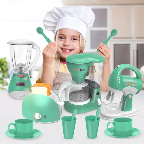Miniatura 2 de Yalujumb Juego de juguetes de cocina, juego de electrodomésticos de cocina con cafetera, mezclador, tostadora con luces y sonidos realistas, regalo