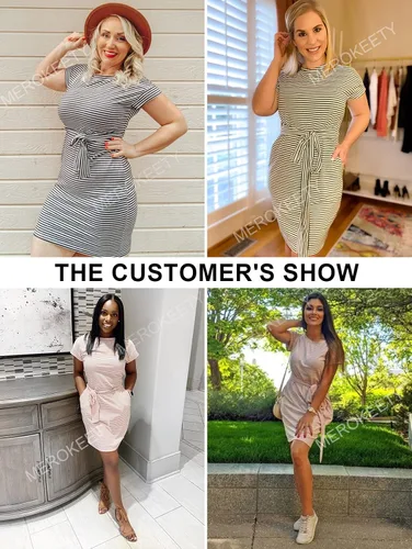 Miniatura 6 de MEROKEETY - Vestido de verano con manga corta, a rayas, casual, cinturón de amarrar y bolsillos para mujer