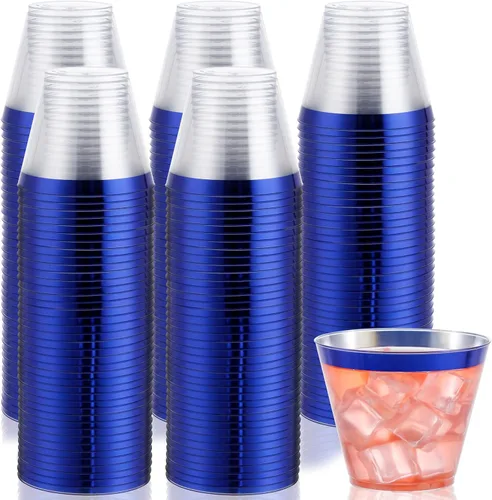DaYammi 120 Piezas Vasos de Plástico Azul de 9 Oz Vasos de Fiesta de Plástico Transparente Desechables con Borde Azul Copas de Vino Desechables
