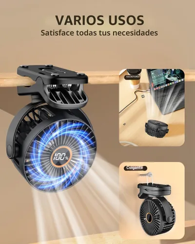 Miniatura 7 de TUNISE Mini ventilador con clip, ventilador de escritorio a pilas, pantalla digital, 3 velocidades ajustables, bidireccional ajustable de 360 °