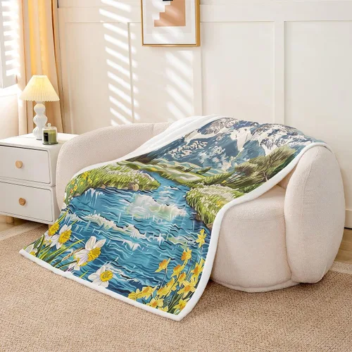 Miniatura 3 de Manta de franela Nature River para todas las estaciones, diseño de árboles nevados y selva, flores, acuarela, para decoración de habitaciones, manta