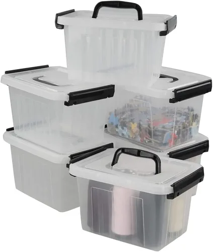 Miniatura 10 de Juego de 4 contenedores de almacenamiento de plástico con ruedas, 23 L con pestillo transparente con tapas apilables