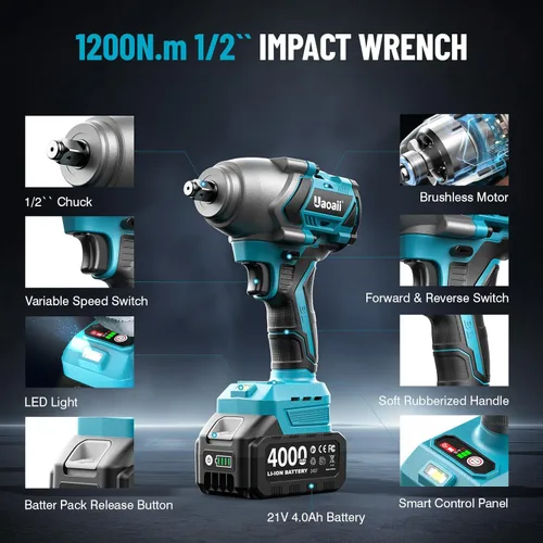 Miniatura 8 de Llave de impacto de 1/2 de 900 pies-libras (1200 Nm), pistola de impacto de 1/2 y 2 baterías de 21V 4.0Ah, cargador rápido, 4 dados y caja