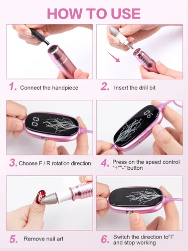 Miniatura 5 de Subay Kit profesional de manicura y pedicura, juego de taladro eléctrico para uñas con pantalla LED, 25000 RPM, 11 accesorios más 20 bandas