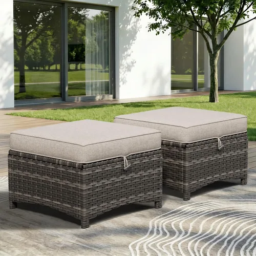 Miniatura 2 de Juego de 2 otomanas para patio, 22 x 22 x 18 pulgadas, reposapiés de mimbre para exteriores con cojín, beige, para jardín, patio trasero, cubierta