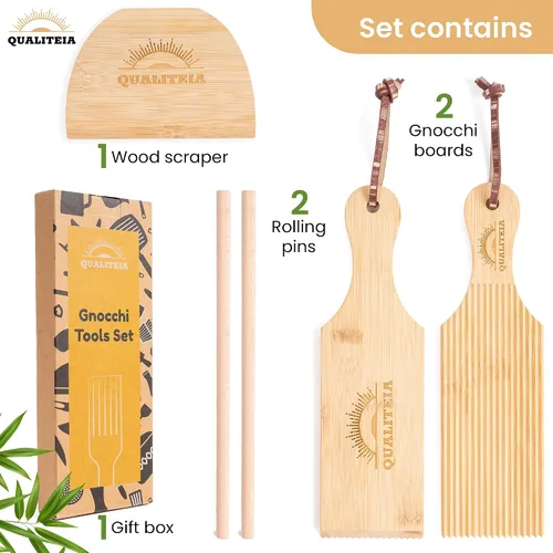 Miniatura 2 de Juego de tablas de ñoquis para masa rodante, 2 paletas, 2 rodillos y 1 cortador, herramientas moldeadoras de pasta de bambú, máquina para hacer