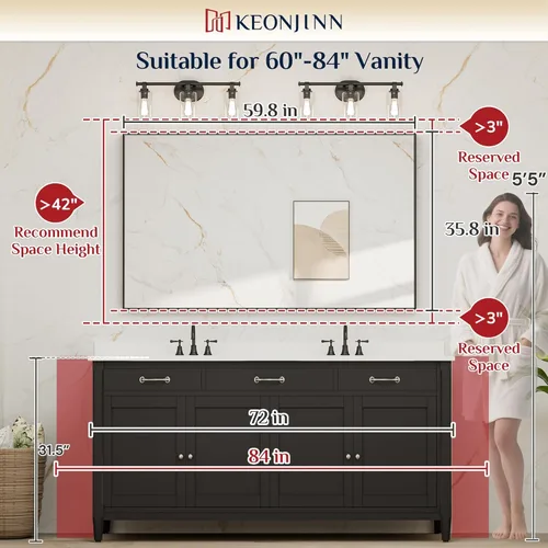 Miniatura 7 de Keonjinn Espejos de baño negros de 60 x 36 pulgadas para sobre el fregadero, espejo de tocador rectangular grande con marco de metal para pared