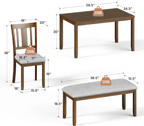 Miniatura 2 de Zevemomo Juego de mesa de comedor de madera maciza de 6 piezas, incluye 1 mesa de comedor, 4 sillas tapizadas y 1 banco, juego de mesa de comedor