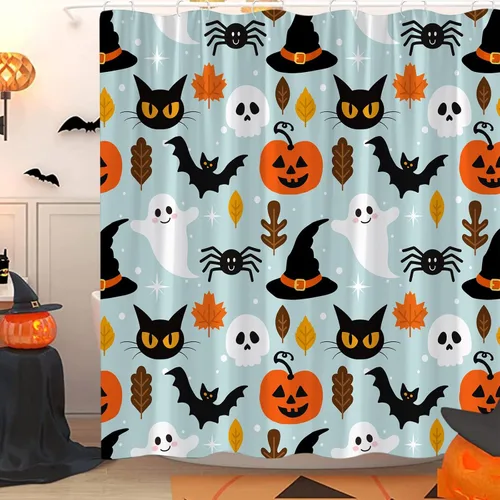 Miniatura 2 de Cortina de ducha azul de Halloween, linda cortina de baño de fantasma, terror, calabaza, espeluznante, gato negro, calavera aterradora, murciélago