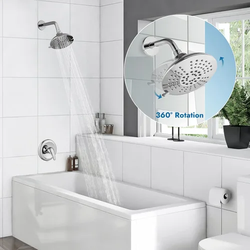 Miniatura 6 de Juego de grifo de ducha para bañera, montado en la pared, cabezal de ducha de lluvia de 5 pulverizaciones de 6 pulgadas con válvula áspera, control