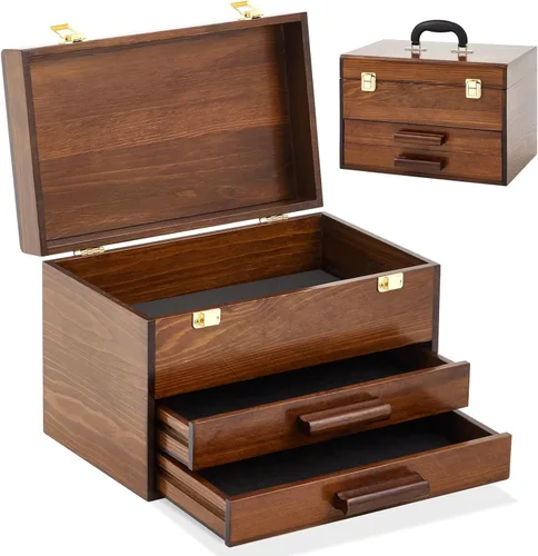 Miniatura 8 de Weysat Mini caja de herramientas de madera de 11 pulgadas con 2 cajones y almacenamiento superior, baúl de herramientas pequeño portátil con forro